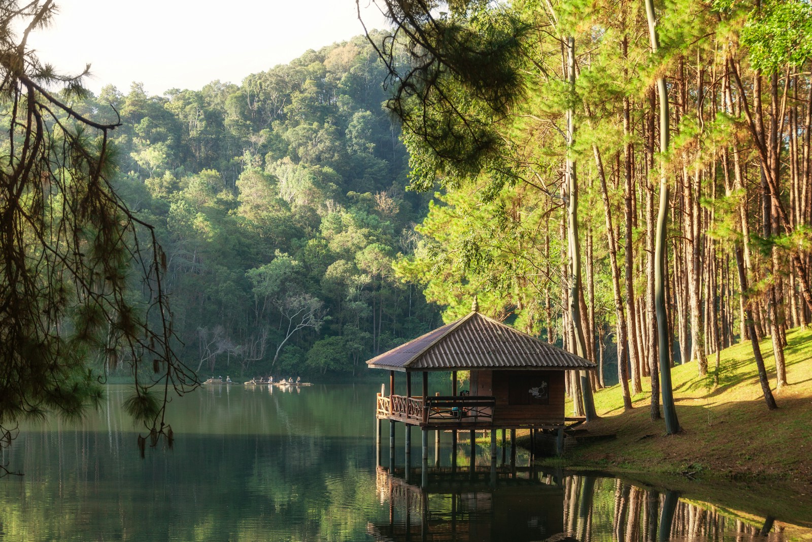 A small cabin on the shore of a still forest lake at first light